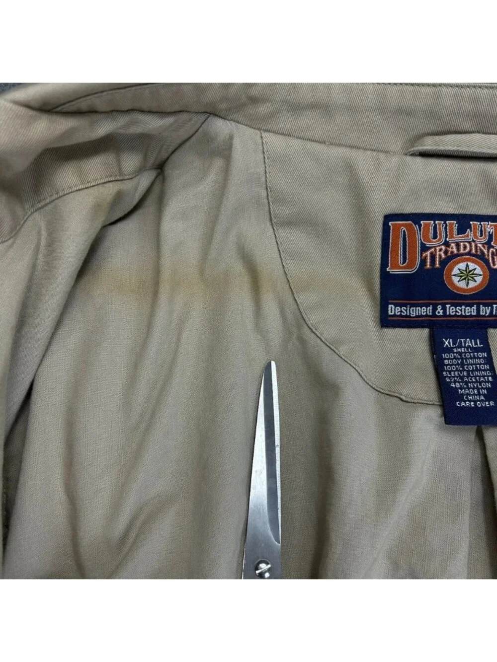 Duluth Trading Co Utility Blazer Jacket Mens XL Beige Cotton Long Sleeve “Read”